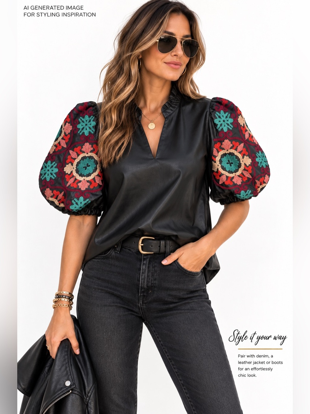 THML Black Faux Leather Embroidered Puff Sleeve Blouse Small